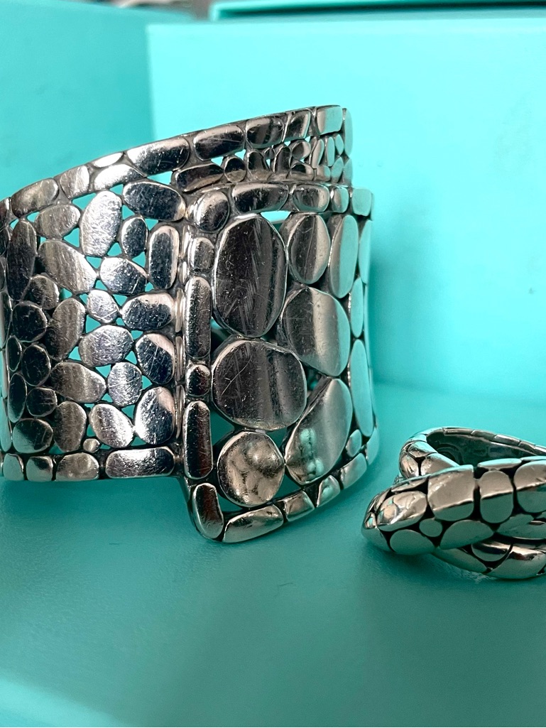 John Hardy 925 Silver Set Kali Pebble Overlap Cuff Bracelet S-M + Ring 7